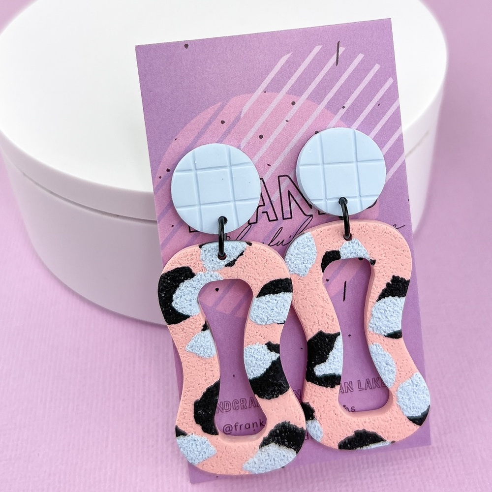 Leopard Print Pattern Polymer Clay Funky Wavy Hoop Dangle Earrings Handm…